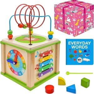 Amagoing Baby Activity Cube, 5 in 1 Wooden Educational Learning